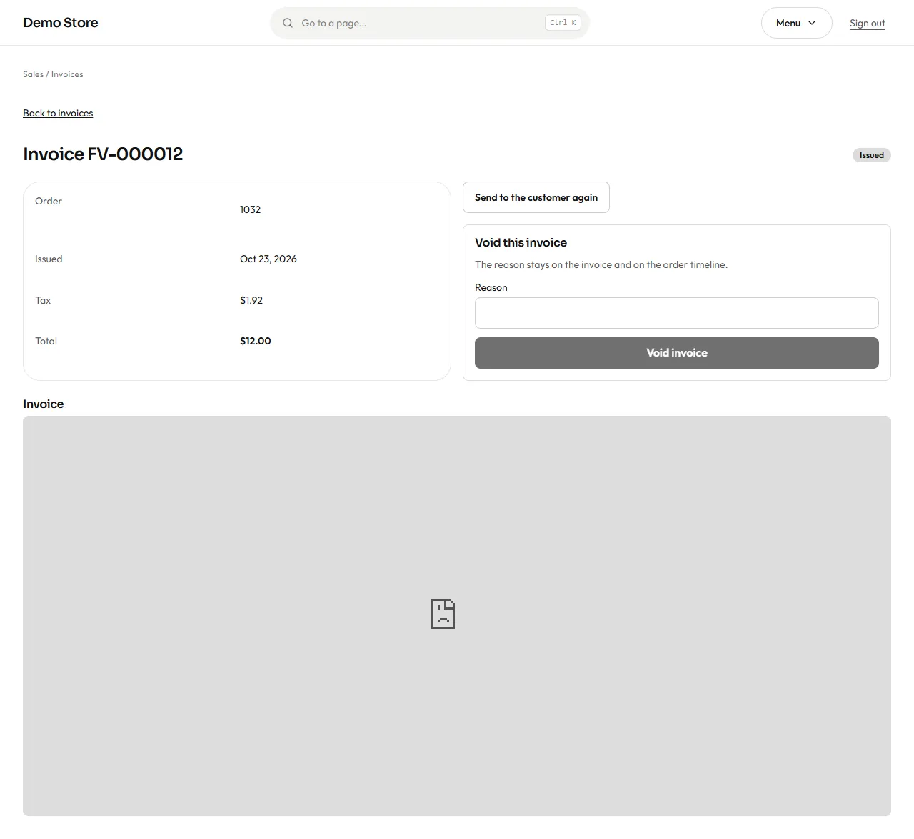 An invoice in the admin