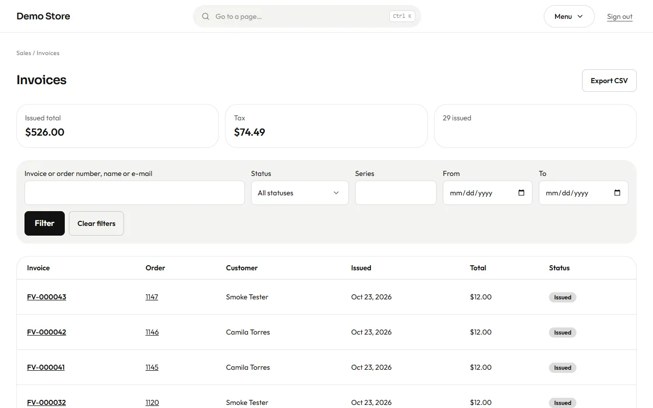 The invoice list