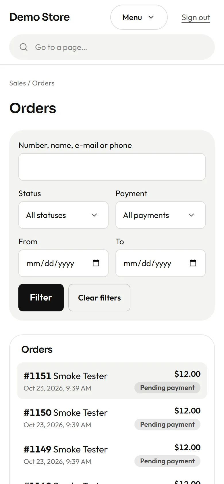 The orders list on a phone