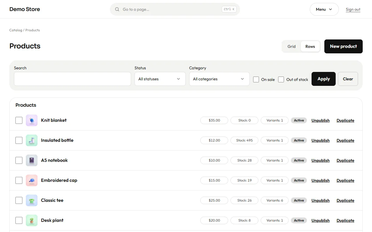 The product list as rows