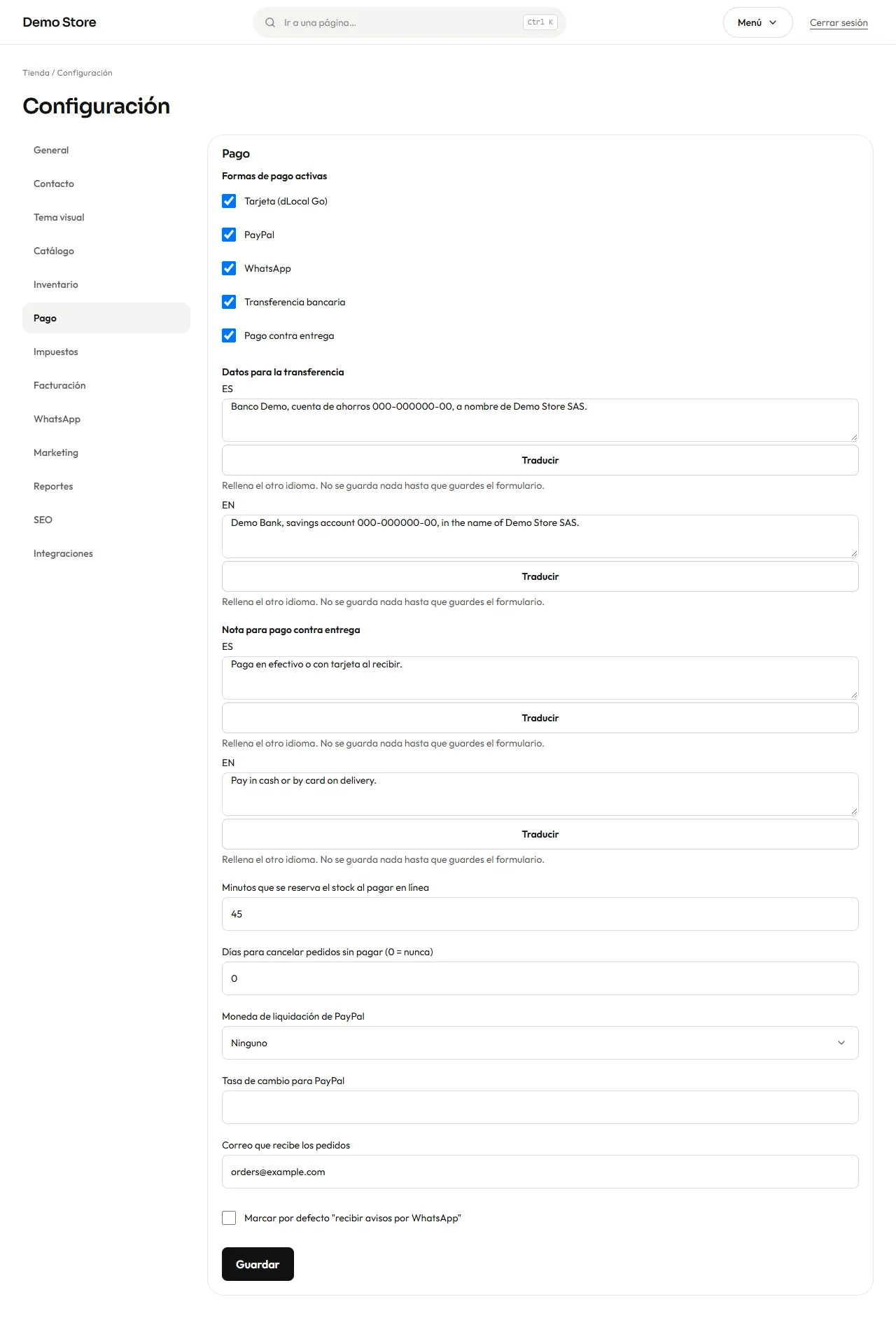 Configuración de pago