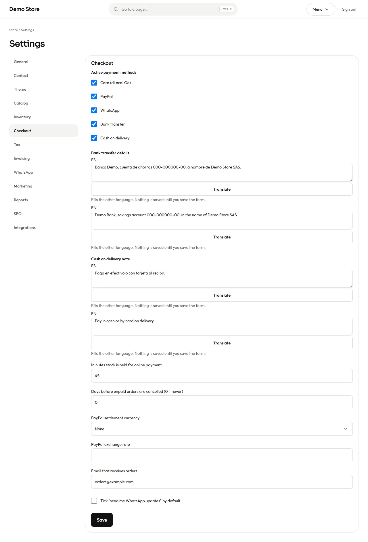 Checkout settings