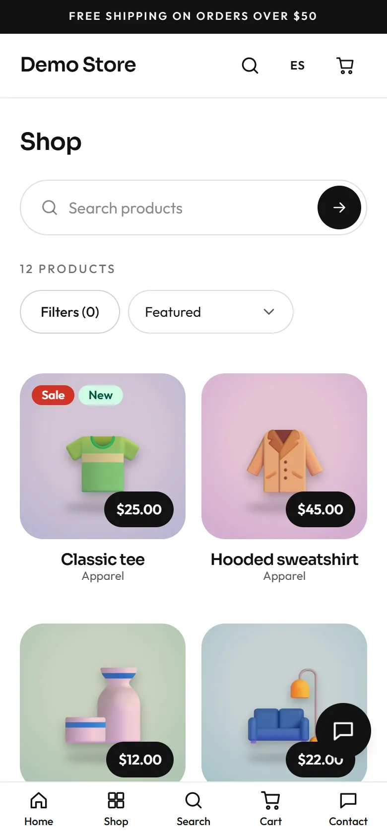 The demo store catalogue on a phone