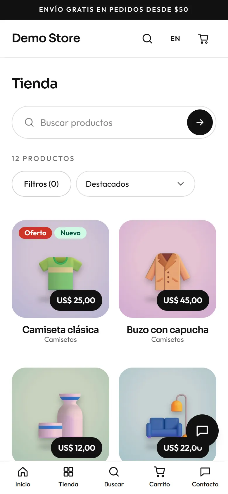 El catálogo de la tienda de demostración en un celular