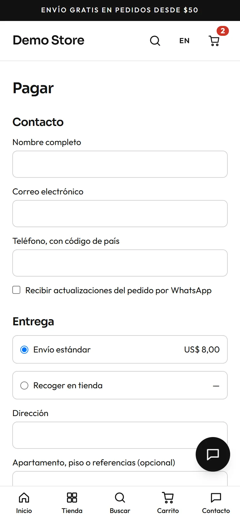 La página de pago en un celular